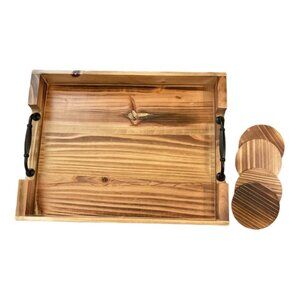 Farmhouse Rustic Wooden Serving Tray with Wood Coasters